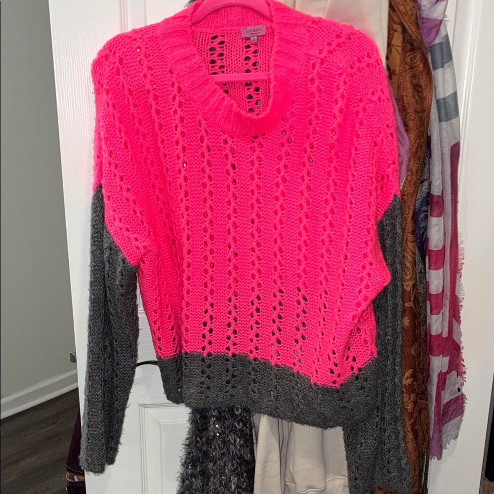 Francesca’s Open-Knit Neon Pink and Charcoal Colorblock Sweater